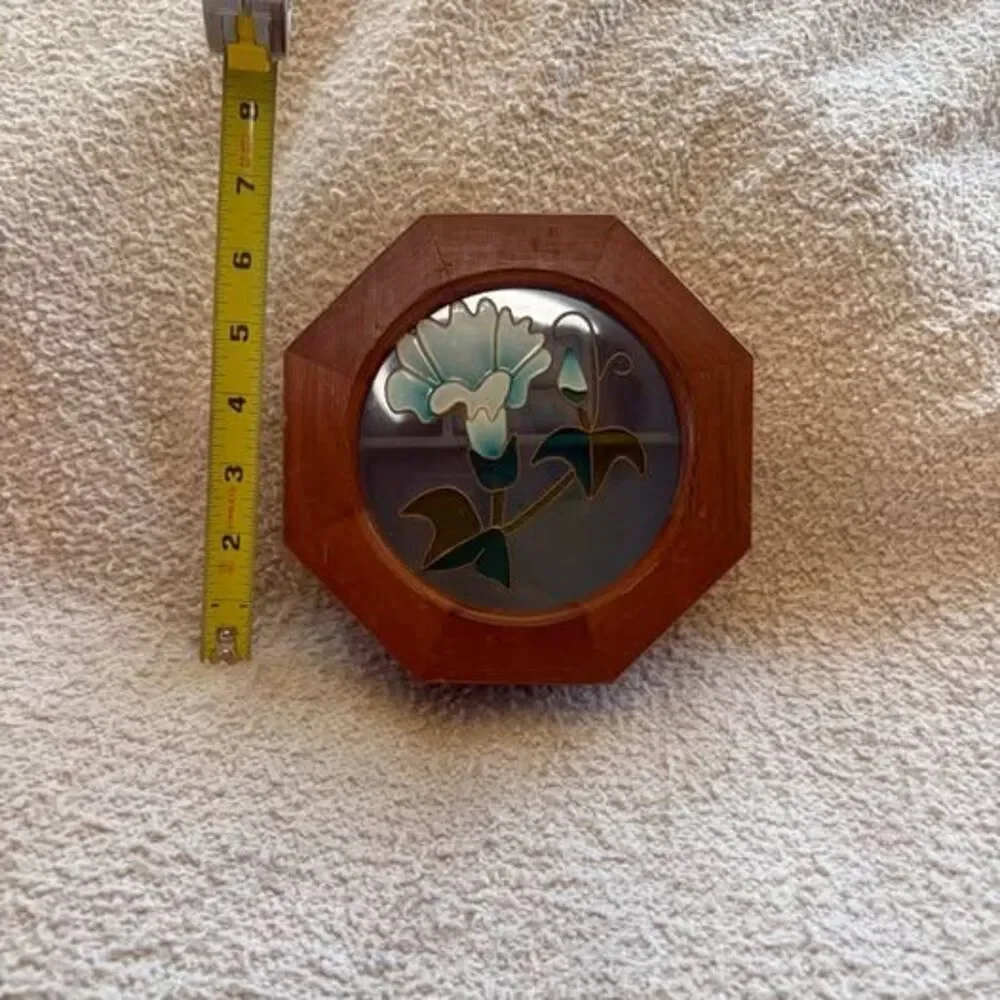 Octagonal Wooden Jewelry Box with Floral Glass Top